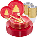 WDF 150pcs Christmas Plates - Christmas Red Plastic Plates with Christmas Tree, Gold Plastic Silverware, Clear Gold Cups, Christmas Design Perfect for Christmas Parties by WDF