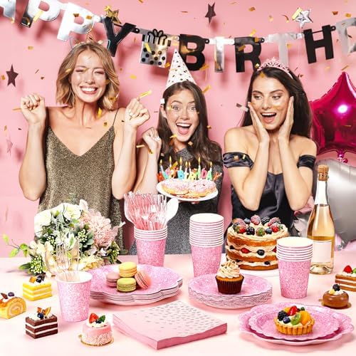 Hushee 175 Pcs Light Pink Party Supplies 25 Guests Holographic Print Disposable Dinnerware Include Scalloped Plates, Napkins, Paper Cups, Plastic Cutlery for Kpop Disco Birthday Baby Shower Wedding - Image 5