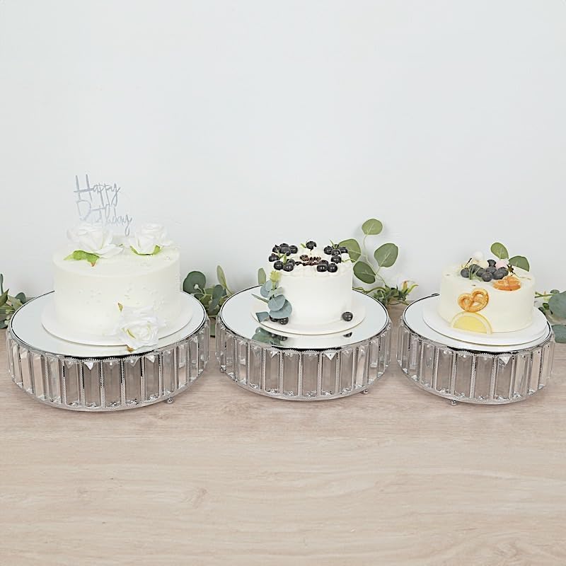 3 Silver Round Stackable Metal Cake Stands with Crystal Pendant and Mirror Top Wedding Birthday Party Display Dessert Riser Pedestal Centerpieces - Image 4