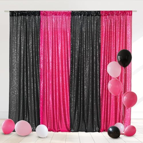 Eternal Beauty Black & Hot Pink Sequin Backdrop Curtains, 4 Panels 2x8FT by EternalBeauty