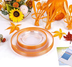 SUT 175Pcs Orange and Clear Plastic Dinnerware Set for 25 Guests, Include: 25 Dinner Plate, 25 Dessert Plates, 25 Pre Rolled Napkins With Silverware, 25 Cups, Disposable Plates for Party - Image 3