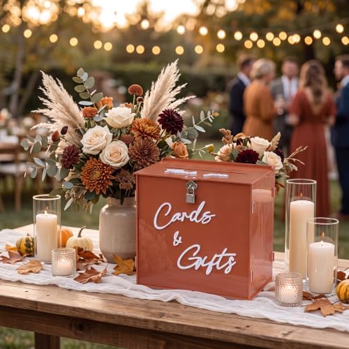 BreezeHug 10" Burnt Orange Wedding Card Box with Lock, Fall Boho Money Box - Image 6
