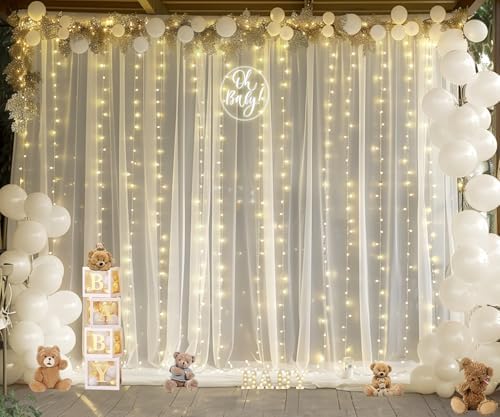 Ivory Tulle Backdrop Curtains with Lights String for Parites Wedding 20×10ft Ivory Sheer Backdrop Curtains for Baby Shower Birthday Party Photo Shoot Background Decorations(4 Panels 5ft×10ft) - Image 4