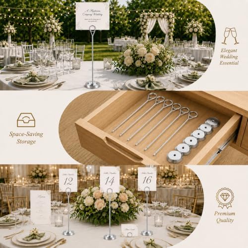 Radezon 12 Pack Silver Table Number Holders, 10inch Weighted Base Place Card Holders for Outdoor Wedding, Windproof Sturdy Metal Photo Stands for Reception Tables, Parties & Events - Image 6