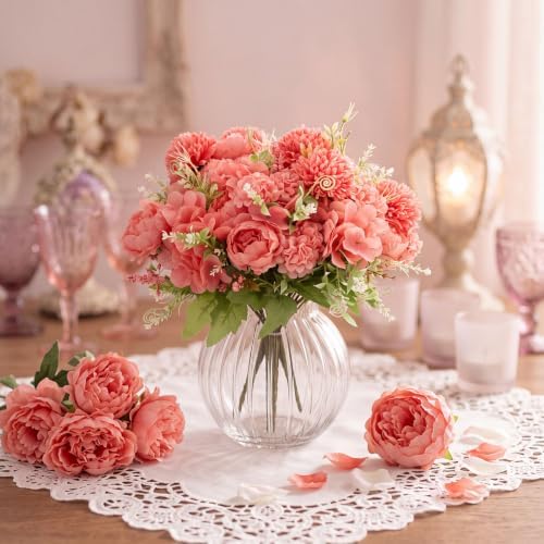 Tigeen 24 Bundles Artificial Flowers Bouquet Silk Peonies, Coral Red - Image 3