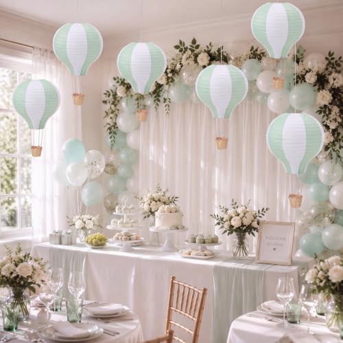 Meooeck 6 Pcs Hanging Hot Air Balloon Decorations Paper Lanterns 12 Inch Reusable Hot Air Balloon Decor Paper Lanterns Set for DIY Craft Wedding Birthday Christmas Home Living Room (Sage Green White) - Image 5