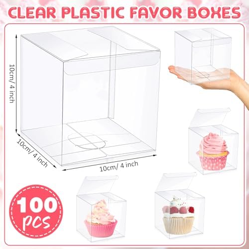 Tuanse 100 Pcs Clear Favor Boxes Plastic Clear Gift Boxes 4 x 4 x 4Inch Transparent PVC Candy Gift Package for Teacher Students Graduation Party Wedding Bridal Baby Shower Cupcake Macaron Cookie - Image 2