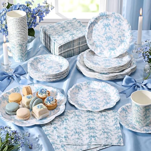 Pickmesh 252 Pcs Blue Bow Floral Tea Party Supplies for 36 Guests Flower Paper Disposable Dinnerware Flower Teacup with Handle and Saucers Set for Tea Party Decorations Birthday Baby Shower Wedding - Image 3