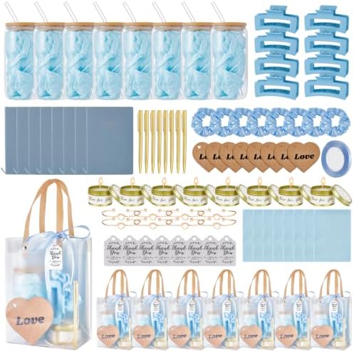 90Pcs Baby Shower Prizes for Game Winners Gifts Wedding Bridal Shower Gifts Including Glass Cans Notebooks Soy Candles Hair Clips for Baby Shower Wedding Bridal Shower Game Prizes (Blue, 8 Sets) by Rigibright