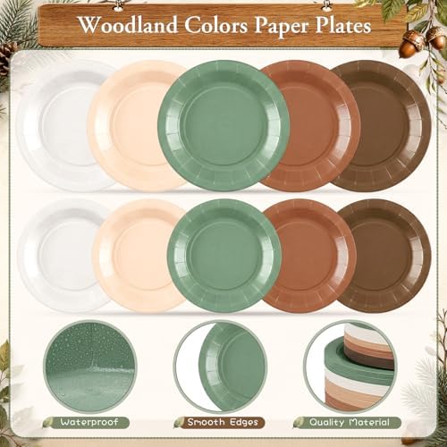 Mimorou 175 Pcs Green Brown Plates Cups Napkins Utensils Woodland - Image 4