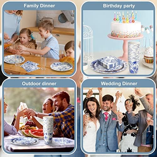 Dandat 250 Pcs Blue Floral Paper Plates and Napkins Blue Bridal Shower Tea Party Decorations Blues White Floral Tableware Set for 50 Guests Disposable Plates Napkins Cups Wedding Baby Bridal Shower - Image 6
