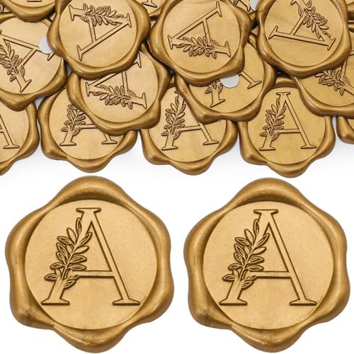 SWANGSA 200 Pack Letter A Wax Seal Stickers, Antique Gold Botanical Leaves Initial Alphabet Self-Adhesive Wax Stickers for Wedding Party Invitation Envelope by SWANGSA