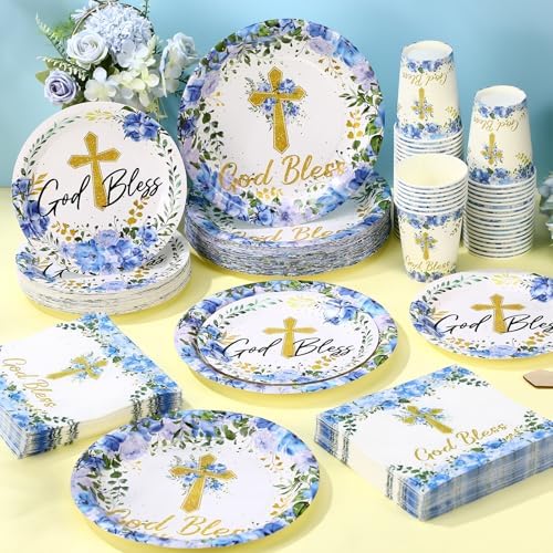 Pickmesh 250 Pcs Blue Baptism Plates Napkins Cups God Bless, Serves 50 - Image 6