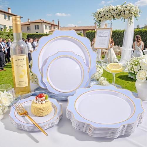 WDF 100PCS Blue Plastic Plates - Light Blue Plates Disposable - Heavy Duty Scalloped Plastic Plate for Parties/Wedding/Baby Shower (Pack of 2) - Image 6