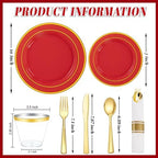 WDF Partyware 175 Pieces Red Plastic Plates with Gold Rim Include Dinner Plate 10" Dessert Plate 7" gold Cups 9 OZ, Pre Rolled Napkins 25 of each type for Wedding/Party/Birthday - Image 2