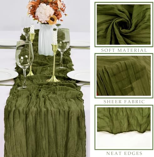 12 Pieces 10FT Olive Green Cheesecloth Table Runner Boho Gauze Fabric Runner for Tables Rustic Sheer Runner for Wedding Bridal Shower Birthday Holiday Party Table Arbor Decor (35 x 120 Inches Long) - Image 2