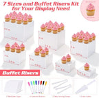 [7 Pcs] White Buffet Risers Food Risers - Dessert Table Display Set and Food Cake Stands with Table Sign and Maker,Serving Tongs,Cake Cutter for Wedding Birthday Party Decoration(Size 9" 8" 7" 6" 5" 4" 3") - Image 2