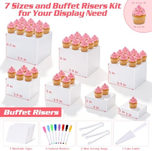 [7 Pcs] White Buffet Risers Food Risers - Dessert Table Display Set and Food Cake Stands with Table Sign and Maker,Serving Tongs,Cake Cutter for Wedding Birthday Party Decoration(Size 9" 8" 7" 6" 5" 4" 3") - Image 2