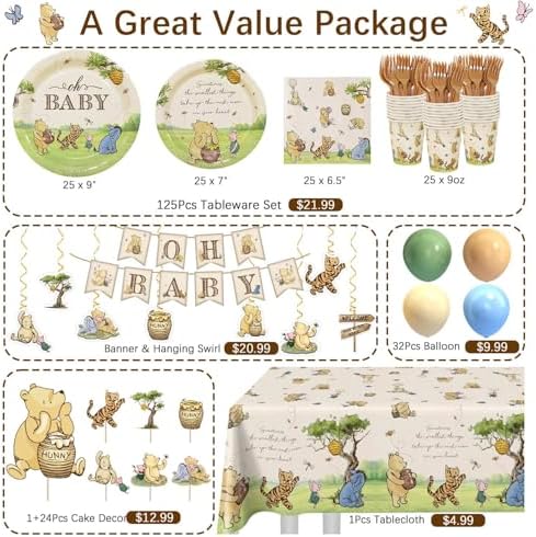 Neutral Classic Winnie Bear Baby Shower Decorations Plates Set - Image 2