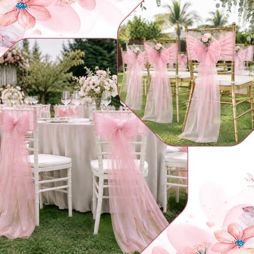 50 Pack Pink Pearls Bows Chair Sashes Ribbons Wedding Decor 7 x 108 in - Image 5