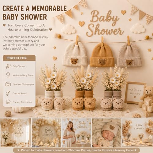 3 Set Baby Shower Table Decorations Bear Theme Socks Bulk with Dried Flower and Knit Hat for Photo Props Gender Reveal Table Centerpieces Baby Party Supplies Neutral Party Decor - Image 2