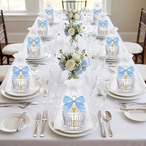 Chuangdi 12 Sets 48 Pcs Baptism Favors for Guests Crystal Candy Bowl Gifts with 12 Pcs Cross Rosary for Baptism Decorations Wedding Baby Shower Supplies First Communion Party(Blue) - Image 4