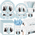 Funnymoom 452 Pcs Light Blue Christmas Party Decoration for 50, Plaid Gingham Tree Blue Xmas Paper Plates Napkins Cups Tablecloth Cutlery Straws for Winter Holiday Baby Shower Birthday Party Supplies by Funnymoom