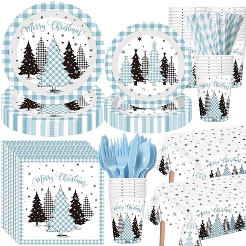 Funnymoom 452 Pcs Light Blue Christmas Party Decoration for 50, Plaid Gingham Tree Blue Xmas Paper Plates Napkins Cups Tablecloth Cutlery Straws for Winter Holiday Baby Shower Birthday Party Supplies by Funnymoom