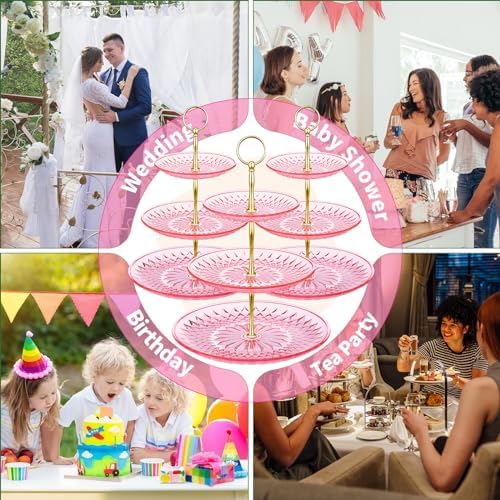 Patelai 8 Pcs 3 Tier Acrylic Cake Stand, Clear Pink, Golden - Image 5