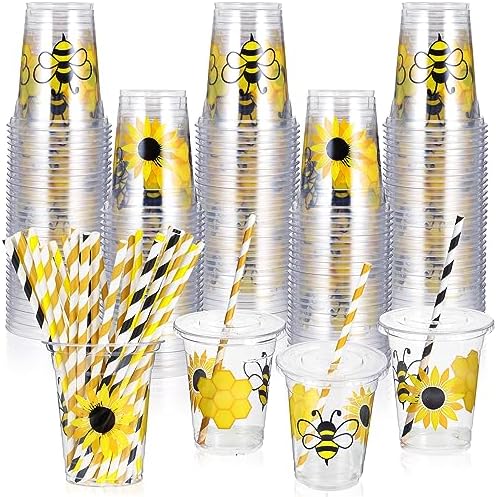 Sliner 120 Pcs Honey Bee Party Decoration Cups, 12 oz Clear Disposable Drinking Honey Cup, First Bee Day Plastic Cups Bulk with Paper Straws, Lids for Home, Kitchen, Baby Shower Summer Birthday by Sliner