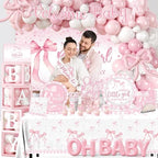 264Pcs Pink Bow Baby Shower Decorations - Pink Bow Birthday Party Supplies Include Plates Napkins Tablecloth Banner Balloons Cake Topper Coquette Baby Shower Decorations for Girls Serves 20 - Image 2
