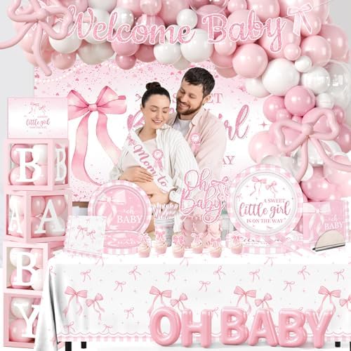 264Pcs Pink Bow Baby Shower Decorations - Pink Bow Birthday Party Supplies Include Plates Napkins Tablecloth Banner Balloons Cake Topper Coquette Baby Shower Decorations for Girls Serves 20 - Image 2
