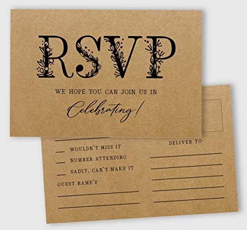 50 Blank RSVP Cards,RSVP Postcards No Envelopes Needed,Rustic Kraft Print Response Card,RSVP for Wedding,Baby Shower,Bridal Shower by Inkdotpot