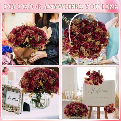 Tigeen Artificial Flowers Silk Peony Hydrangea,Claret,12 Bundles - Image 6