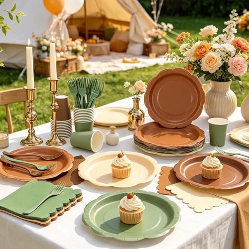 192Pcs Woodland Plates and Napkins Party Supplies, 9’’ Disposable Scalloped Sage Green and Brown Paper Plates, Woodland Baby Shower Party Decorations for Birthday, Animals Safari Party, Serves 48 - Image 5