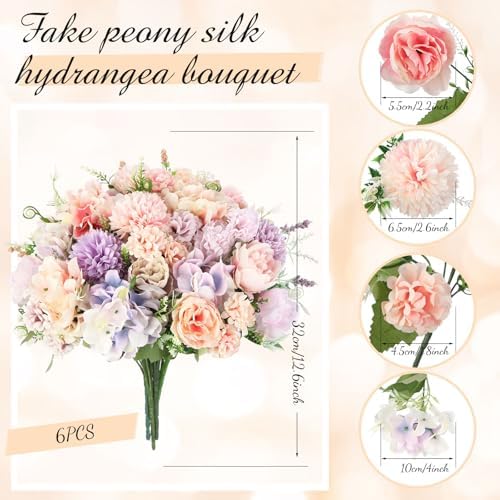 Tigeen 12 Bundles Artificial Flowers Bouquet Silk Peonies, Purple,Pink - Image 2