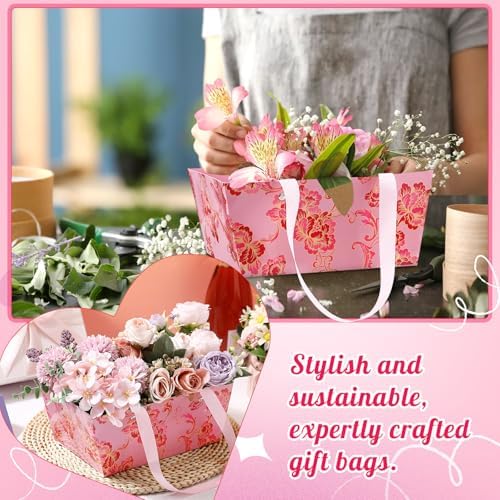 Kolldenn 24 Set Floral Empty Gift Basket to Fill 9.8 x 6.5'' Spring Flower Bouquet Box with Handles Bows Plastic Bags and Card for Tea Party Wedding Arrangement Wrapping - Image 7