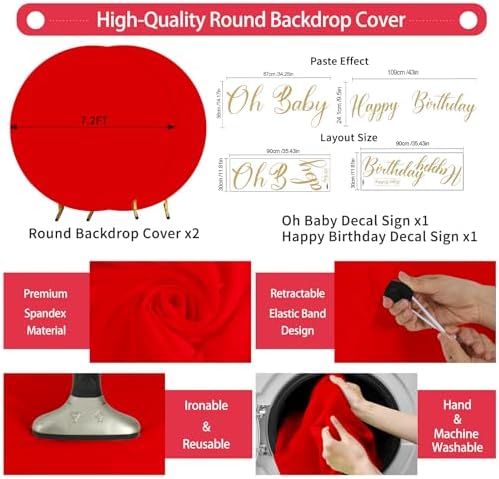 Gallety 2 Pcs 7.2 FT Red Round Backdrop Cover for 5 to 7.2ft Circle Arch Stand with Oh Baby and Happy Birthday Decal Sign - Arch Backdrop Cover for Wedding Party Photography Decoration - Image 2