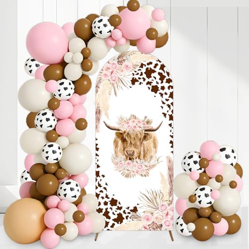 Highland Cow Baby Shower Decorations Arch Backdrop Covers and Balloon Garland Arch Kit 6ft Brown Floral Cow Print Cattle Backdrop for Highland Cattle Birthday Party Baby Shower Decorations Supplies by ZestZing