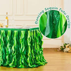 Wish Care 21ft Green Sequin Table Skirt for Rectangle Tables Curly Willow Hawaiian Grass Tutu Skirt Ruffle Table Cloth Desk Skirts for Birthday Baby Shower Jungle Luau Tropical Theme Party Table Decor - Image 3