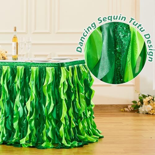 Wish Care 9ft Green Sequin Table Skirt for Rectangle Tables Curly Willow Hawaiian Grass Tutu Skirt Ruffle Table Cloth Desk Skirts for Birthday Baby Shower Jungle Luau Tropical Theme Party Table Decor - Image 3