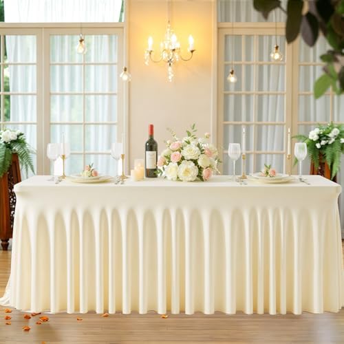 Champagne Table Cloth for 8 Foot Rectangle Tables Fitted Stretch Spandex Table Cover with Skirt 8ft Baby Shower Birthday Party Banquet Ruffle Tablecloth Wedding Table Cloths Desk Skirt by LittleFunny