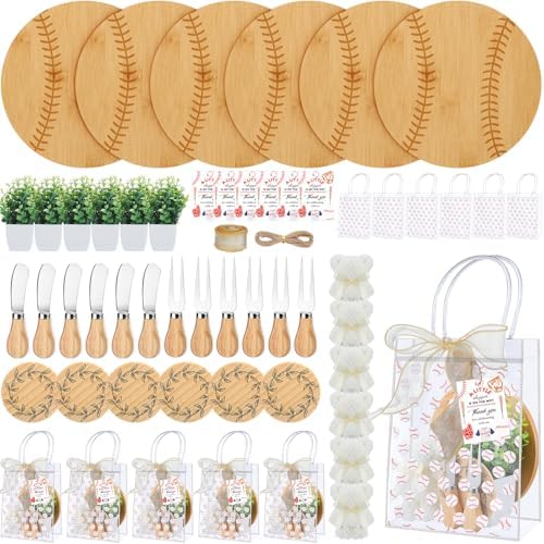 Honeydak 49 Pcs Baseball Baby Shower Prizes for Game Players 6 Sets Cheese Board Fork Knives Coasters Towel Potted Plant Thanks Card Gift Bag for a Little Slugger is on the Way Baby Shower Favors by Honeydak