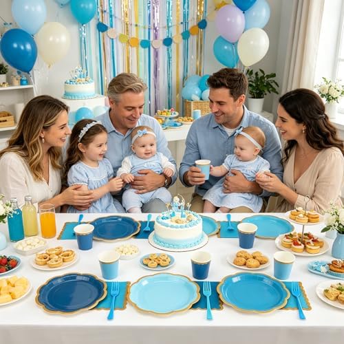 Light Blue Paper Plates and Napkins Party Supplies for 48 Guests, Disposable 9’’ Scalloped Blue and Gold Gradient Tableware Set for Birthday, Wedding, Baby Shower Decorations - Image 6