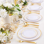 WELLIFE 300Pcs Gold Dinnerware Set for 50 Guests, Gold Rim Plastic Plates Disposable, 50 Dinner and 50 Salad Plates, 50 Cups, 50 Silverware Set for Party - Image 6