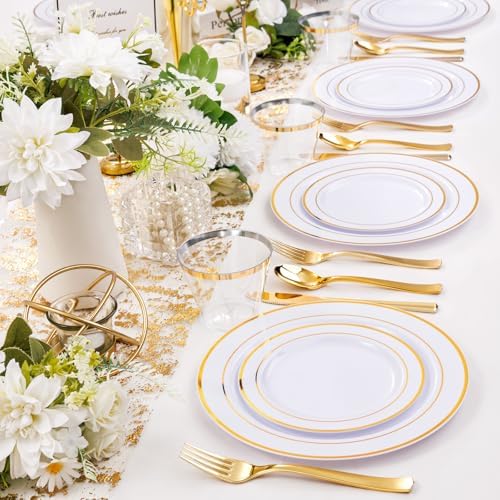 WELLIFE 300Pcs Gold Dinnerware Set for 50 Guests, Gold Rim Plastic Plates Disposable, 50 Dinner and 50 Salad Plates, 50 Cups, 50 Silverware Set for Party - Image 6