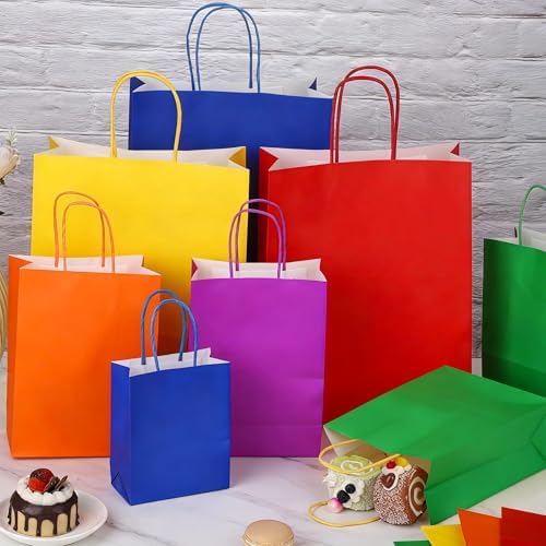 MIMIND 144 Pieces Paper Gift Bags with Handles Rainbow Assorted Sizes Treat Bags Bulk Goodie Bag for Party Supplies Baby Shower Birthday Wedding Merchandise Retail Shopping Bag - Image 4