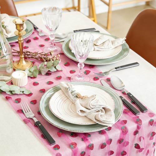 12 Pcs 29x70 Inch Strawberry Shiny Glitter Tulle Table Runner, Magenta Lace Strawberry Tablecloth for Cake Birthday Party Wedding Baby Shower Christmas Decorations - Image 5