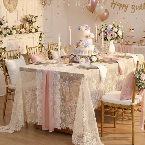 10 Packs Lace Tablecloth 60 X 120 Inch Vintage Boho Ivory Floral Overlay - Image 3