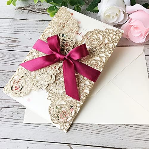 50PCS 5.12 x 7.28'' Gold Wedding Invitations Cards with Burgundy Bowknot Laser Cut Hollow Rose Flowers Invitation for Bridal Shower Engagement Wedding Invite (Gold Glitter) - Image 2